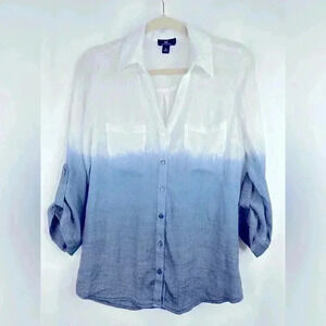 NWOT I.N.San Francisco Womens 3/4 Sleeve Button Up Shirt Ombré White/Blue Size M